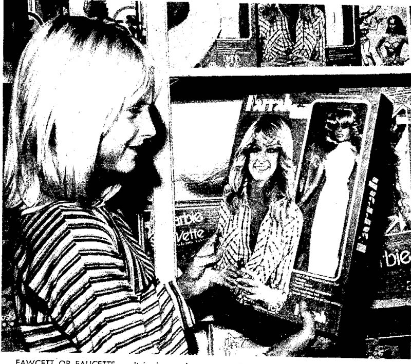 a young girl admiring a Mego Farrah Fawcett doll in 1976