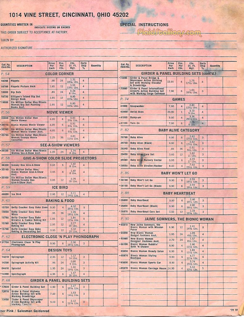 1976 Kenner Toys Order Forms
