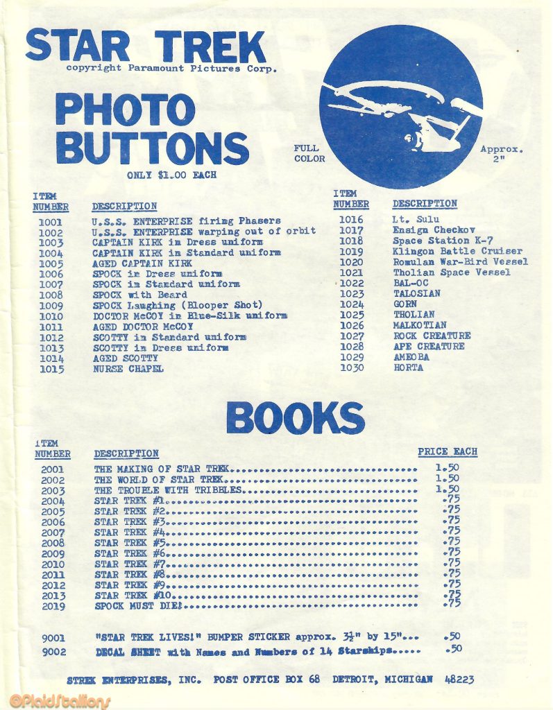 Star Trek Fan Catalog 1974 featuring buttons and books