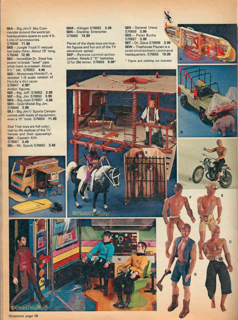 his amazing two-page spread of action figures from Simpsons (Canada). Not only have we got the latest Mattel Big Jim items but two of Mego's hottest items for 1975 Planet of the Apes and Star Trek!