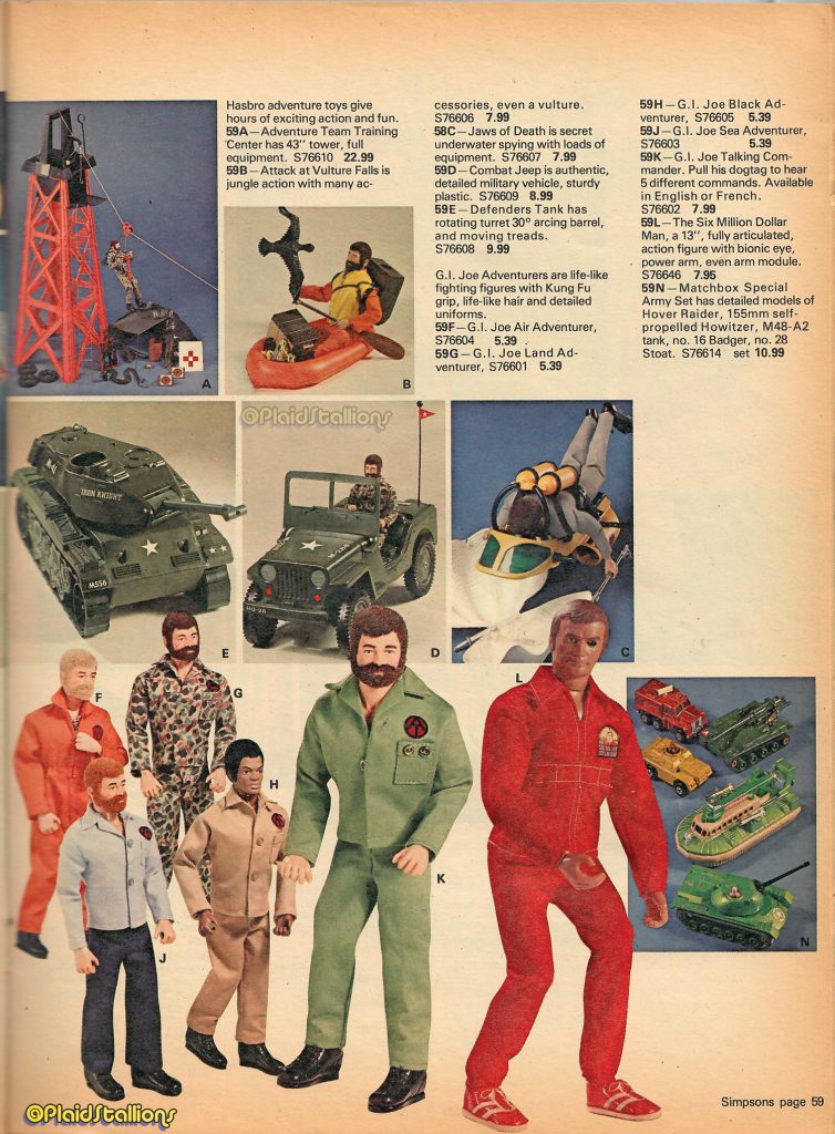 his amazing two-page spread of action figures from Simpsons (Canada). Not only have we got the latest Mattel Big Jim items but two of Mego's hottest items for 1975 Planet of the Apes and Star Trek!